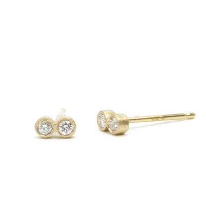 Teeny Double Stud Earrings with diamonds, front and side views