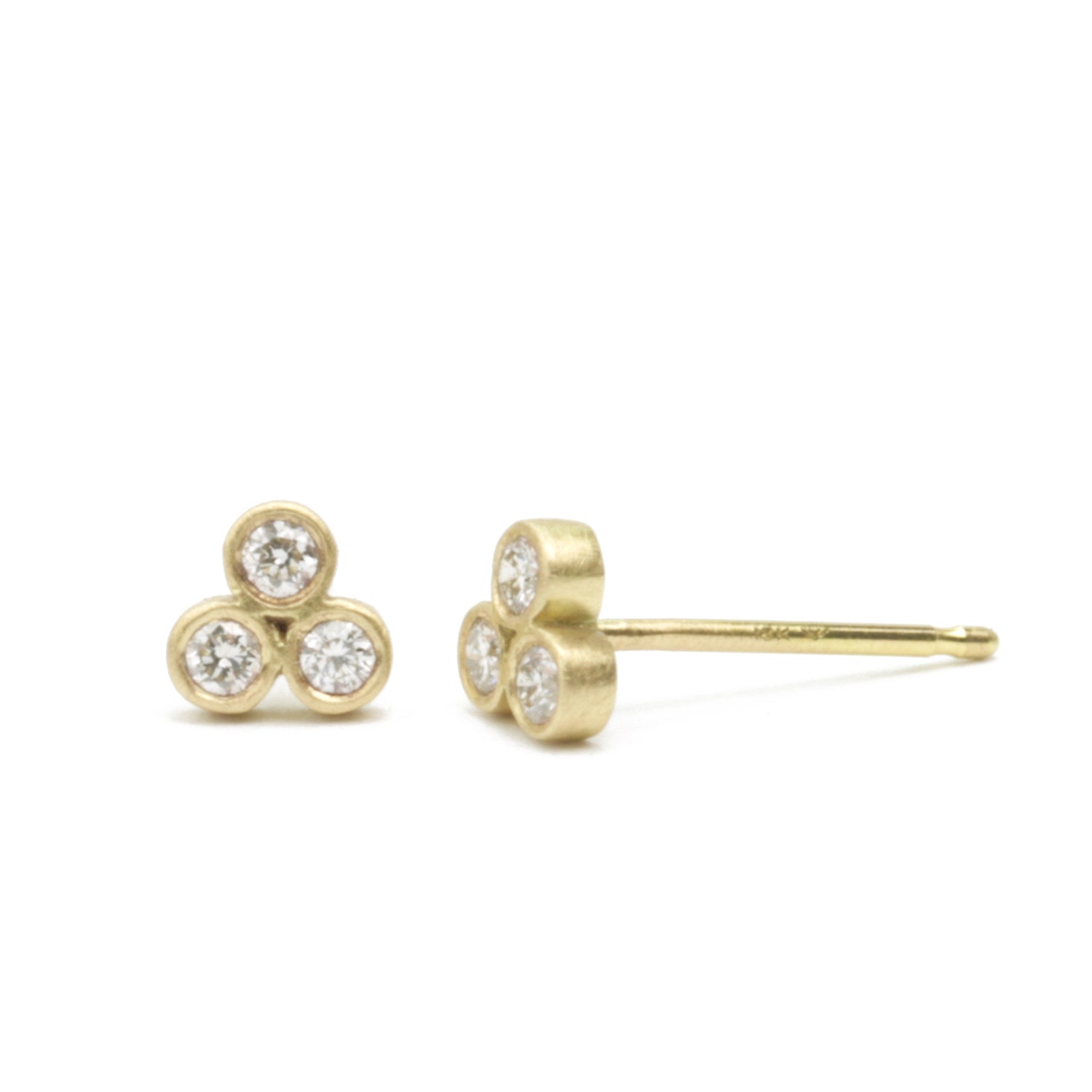Teeny Triple Stud Earrings with diamonds, front and side views