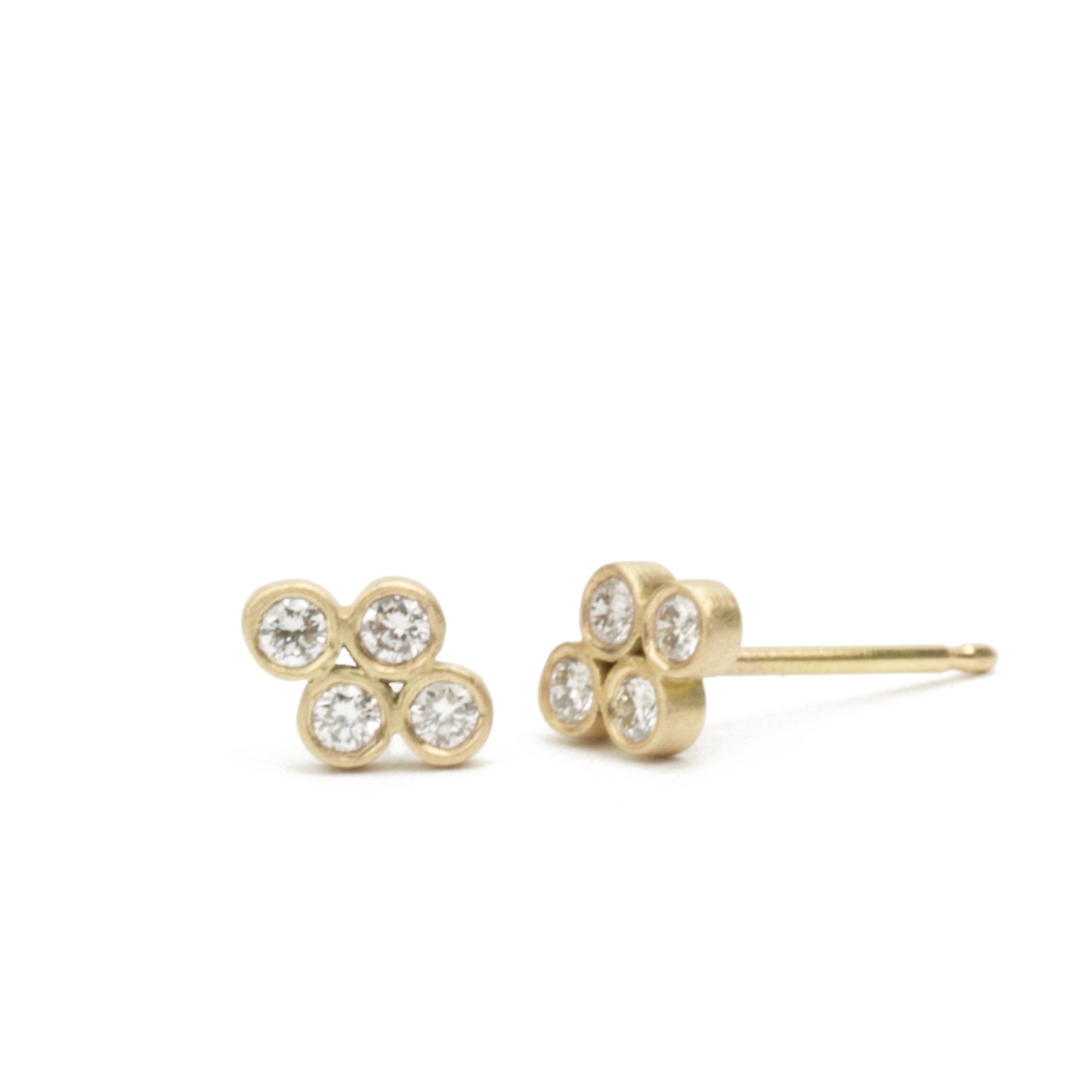 Teeny Quad Stud Earrings with diamonds, front and side views